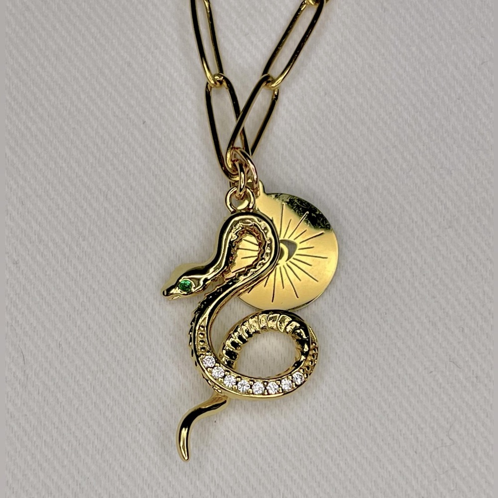 Gold Snake charmer eye charm gold plated necklace 2+ 20% off 3+ ship free
